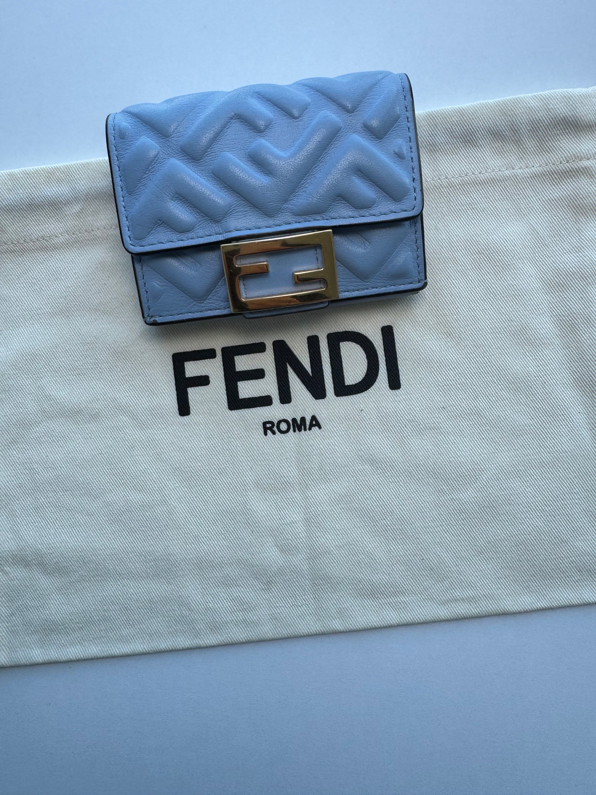 Fendi Baguette Micro Tri-Fold Wallet Baby-Blue Nappa Leather FF Quilted Logo