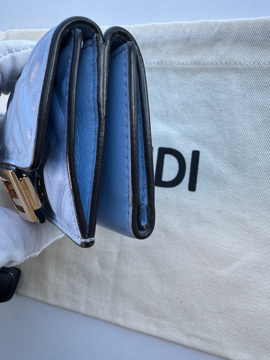 Fendi Baguette Micro Tri-Fold Wallet Baby-Blue Nappa Leather FF Quilted Logo