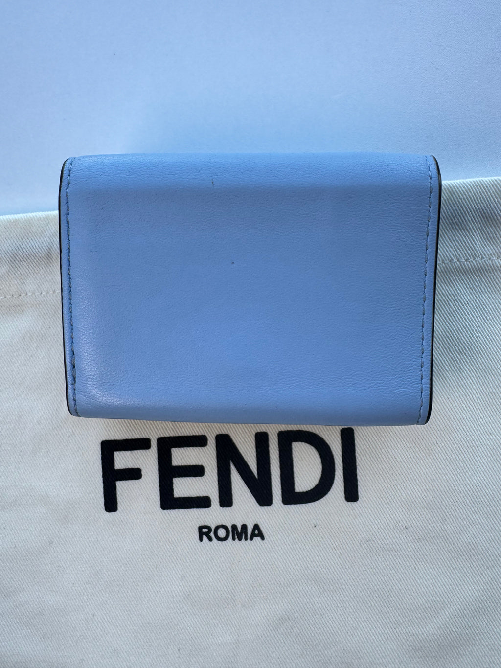 Fendi Baguette Micro Tri-Fold Wallet Baby-Blue Nappa Leather FF Quilted Logo