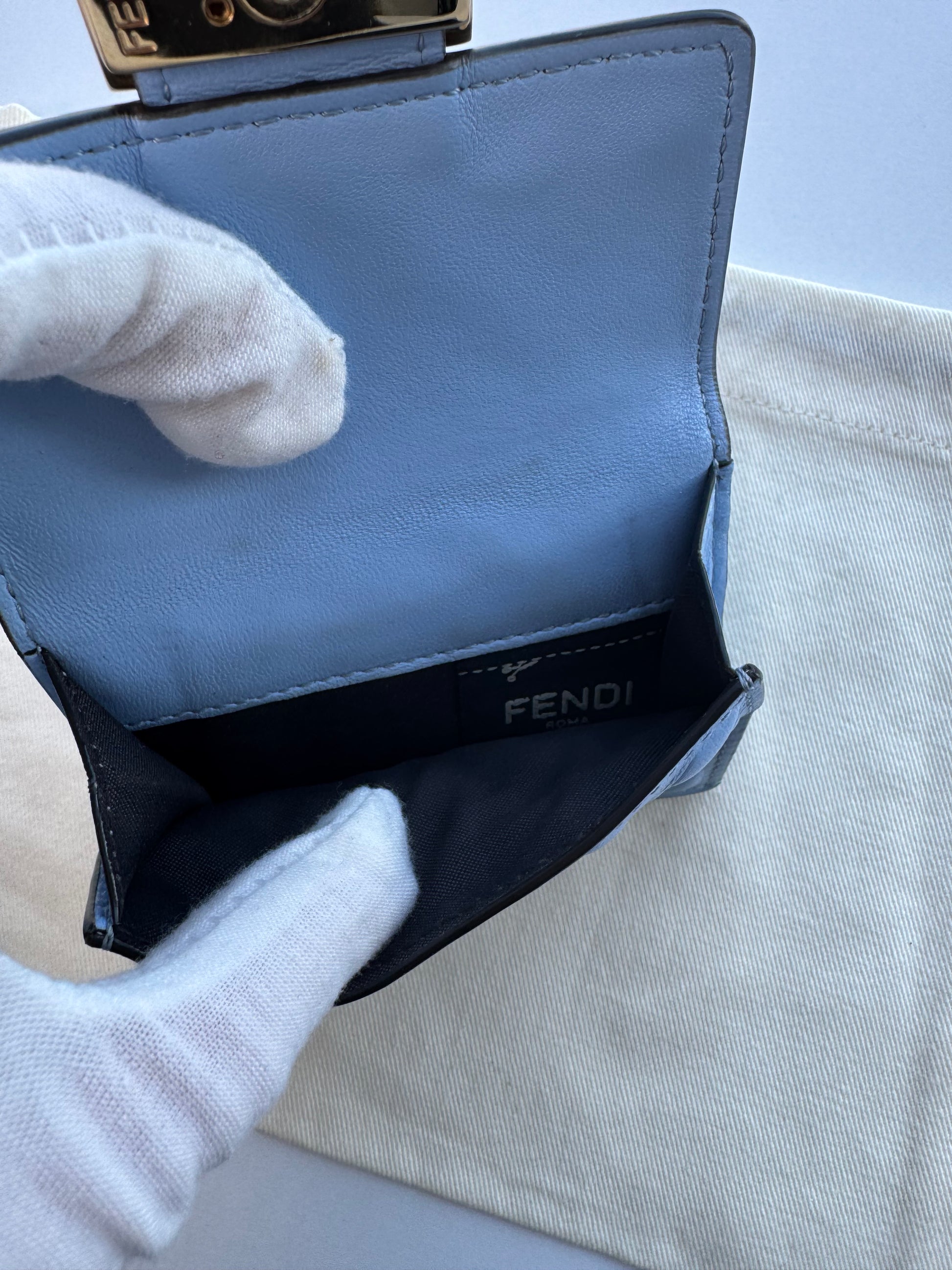 Fendi Baguette Micro Tri-Fold Wallet Baby-Blue Nappa Leather FF Quilted Logo